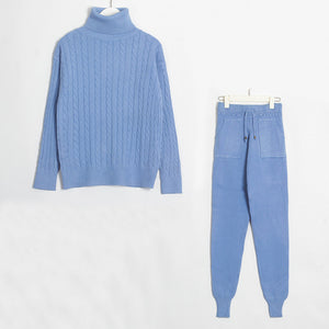 Wixra Knitted Women Sweater Sets Turtleneck Long Sleeve Sweaters Tops+Pockets Long Pants Solid 2 Pieces Suits Winter Costume