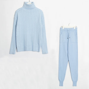 Wixra Knitted Women Sweater Sets Turtleneck Long Sleeve Sweaters Tops+Pockets Long Pants Solid 2 Pieces Suits Winter Costume